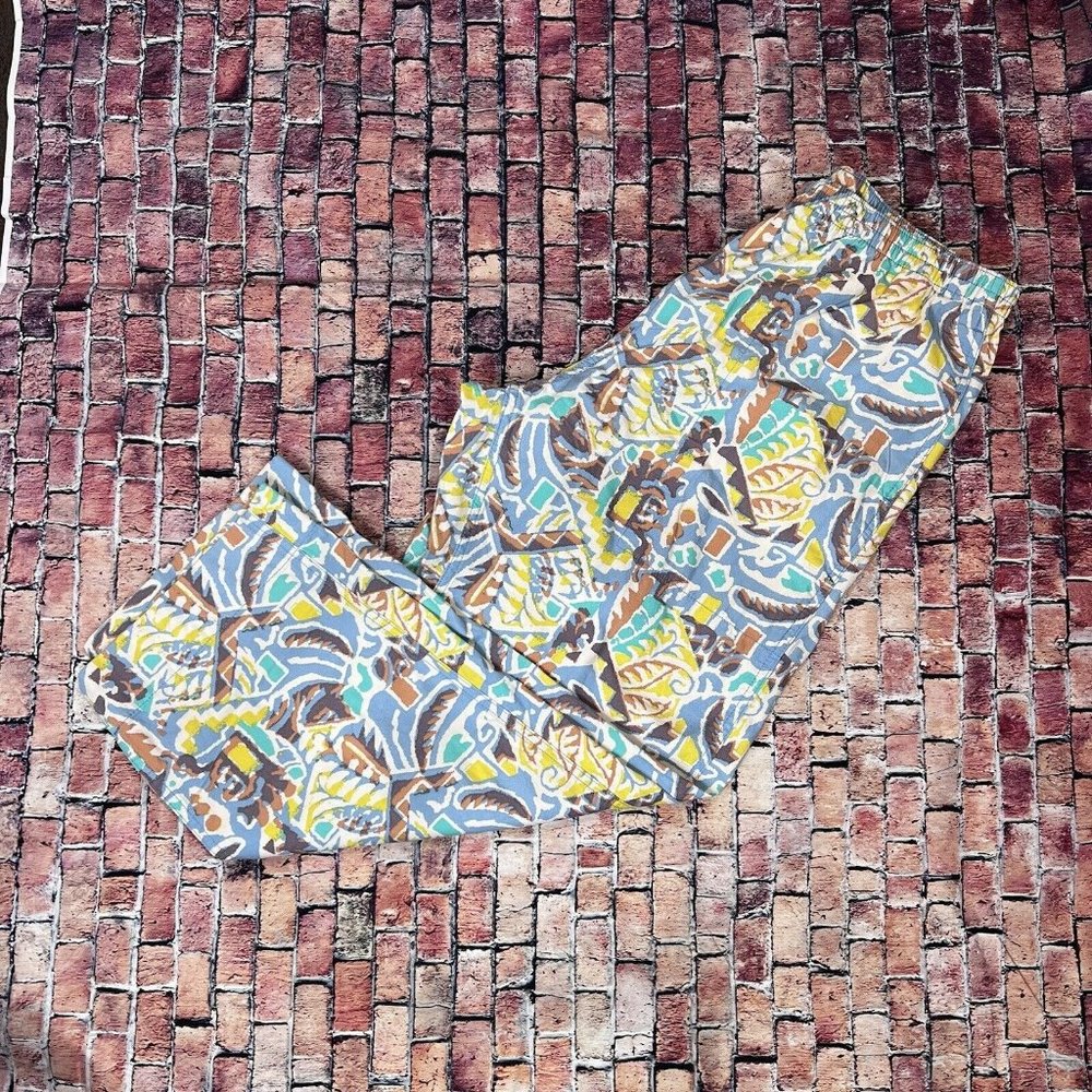 Patagonia Straight Leg Pants in Blue, Yellow, Brown Print